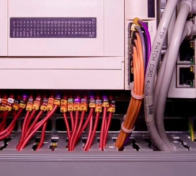 Network cables connected to switch - close up of data center hardware. Multi Stock-Fotos