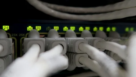 Network cables connected to switch - closeup of data center hardware. Stock Footage 90351951