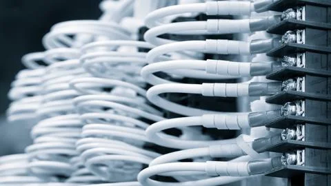 Network cables connected to a switch, network  internet communication conce.. Stock Photos