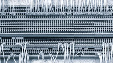 Network cables connected to a switch, network  internet communication conce.. Stock Photos