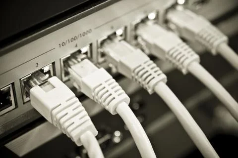 Network cables connected to switch Stock Photos