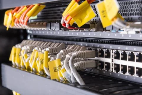 Network cables connected to switch Stock Photos