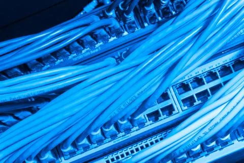 Network cables connected to switch Stock Photos