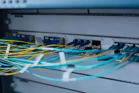 Network cables connected to switch Stock Photos