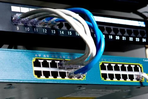 Network cables connected to a switch Stock Photos