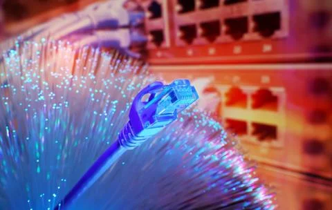 Network cables with fiber optical technology background,Communication Concept Stock Photos