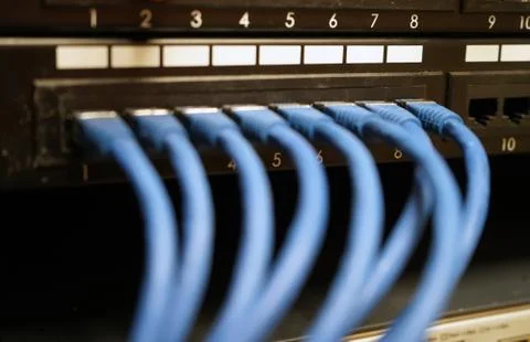 Network cables going in to a switch Stock Photos