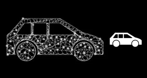 Network Car Web Mesh Icon with Glare Lightspots Illustration