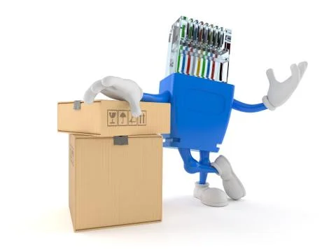 Network character with stack of boxes Illustrazione stock