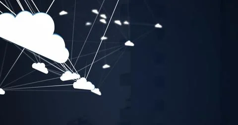 Network of cloud icons against tall buildings in background Stock Illustration