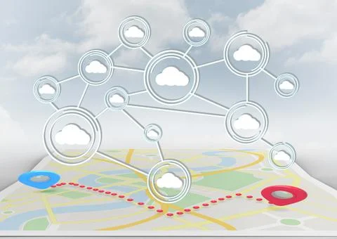 Network of cloud icons over map against clouds in blue sky Stock Photos