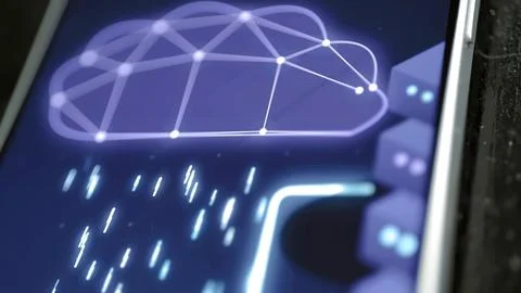 Network cloud releases data beside server stack Stock Photos