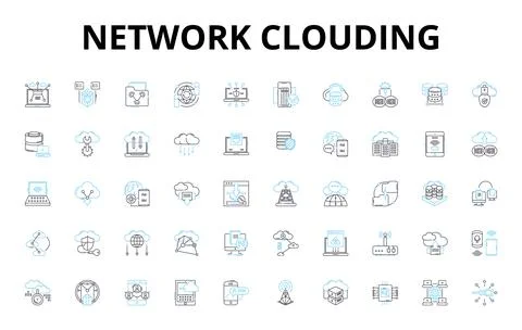 Network clouding linear icons set. Virtualization, Scalability, Elasticity Stock Illustration