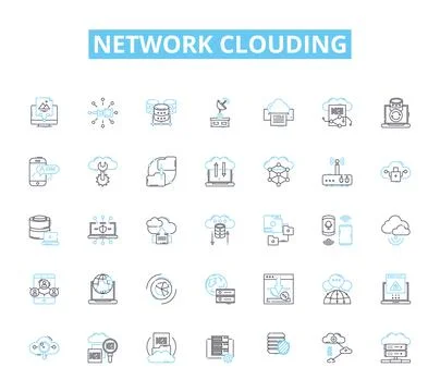Network clouding linear icons set. Virtualization, Scalability, Elasticity Stock Illustration