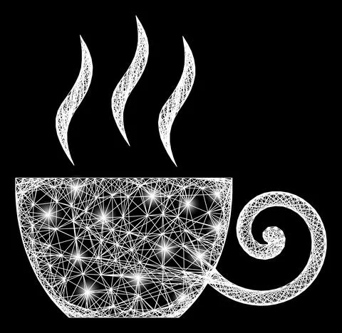 Network Coffee Cup Web Mesh with Bright Flash Nodes Stock Illustration