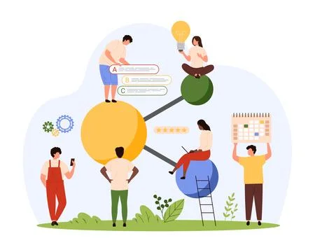 Network collaboration, solution research and organization in team of tiny people イラスト素材