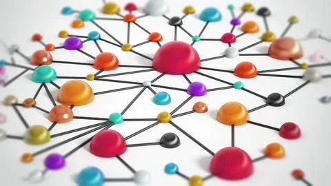Network with colorful connected dots. 3D illustration Stock Illustration