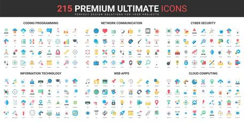 Network communication, cyber security color flat icons set, programming, cloud 스톡 일러스트