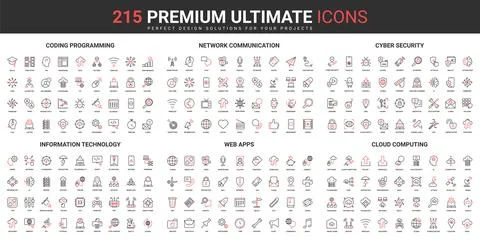 Network communication, cyber security thin line red black icons set, programming Stock Illustration