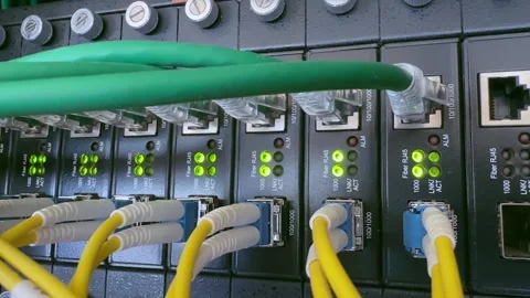 Network communication equipment in the datacenter in the server rack with f.. Video stock 250812257