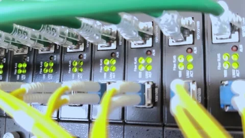 Network communication equipment in the datacenter in the server rack with f.. Video stock 250812262