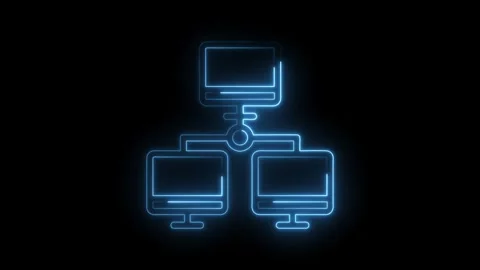 Network communication technology represented by neon glowing computer icons on a Stock Footage 322982051