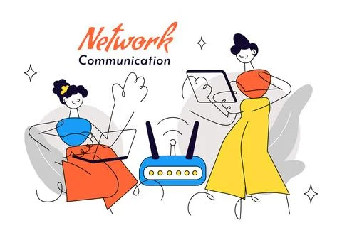 Network Communication Vector Illustration Featuring Connected Devices, Digi.. Stock Illustration