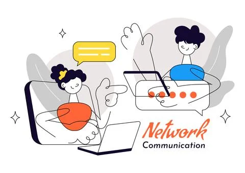 Network Communication Vector Illustration Featuring Connected Devices, Digi.. Stock Illustration
