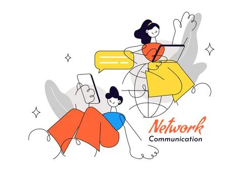 Network Communication Vector Illustration Featuring Connected Devices, Digi.. Stock Illustration