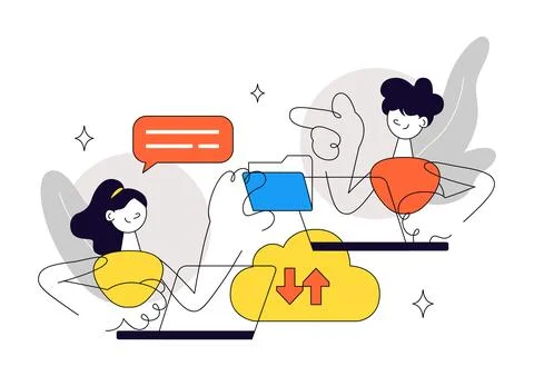 Network Communication Vector Illustration Featuring Connected Devices, Digi.. Stock Illustration