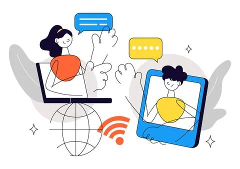 Network Communication Vector Illustration Featuring Connected Devices, Digi.. Stock Illustration