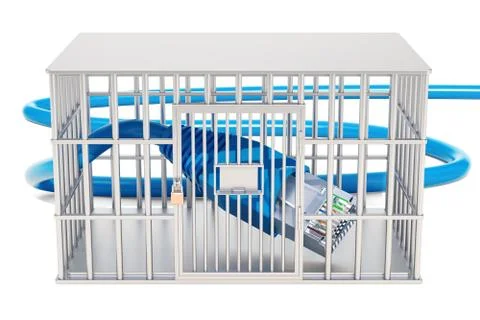 Network computer cable lan inside cage, prison cell. 3D rendering 스톡 일러스트