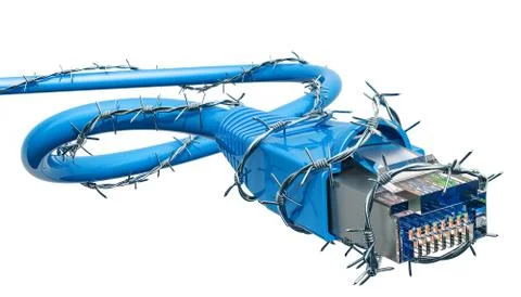 Network computer lan cable with barbed wire. 3D rendering Stock Illustration