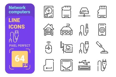 Network computers accessories line icons set Stock Illustration