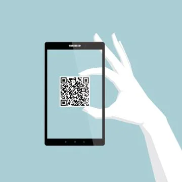 Network concept design, hand holding a QR code symbol, into a mobile phone. Stock Illustration
