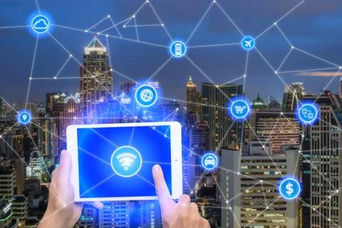 Network of connect digital tablet with wireless communication network, busine Stock Photos