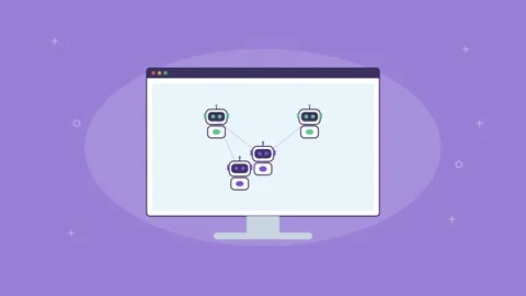 Network of connected AI bots building up on a screen, violet Stock Footage 342596732