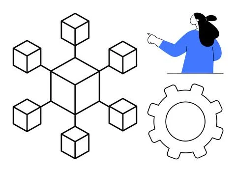 Network of connected cubes in the center with a large gear on the right and p Stock Illustration