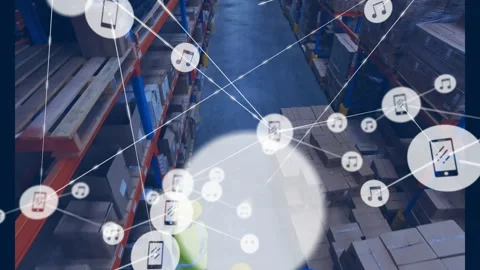 Network of connected devices and data icons animation over warehouse with boxes Stock Footage 303793595