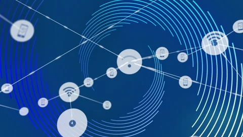 Network of connected devices and data transfer animation over blue background Stock Footage 304866896