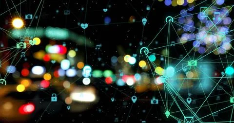 Network of connected devices and icons image over blurred city lights background Stockillustratie