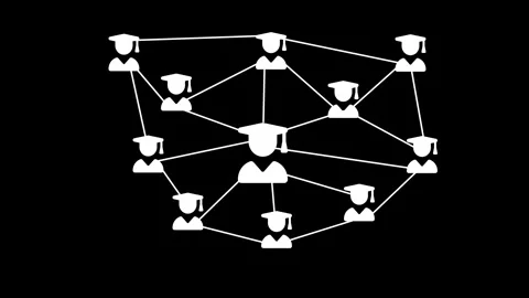 Network of connected graduation-cap silhouettes forming nodes and links rep.. Stock Footage 337078474