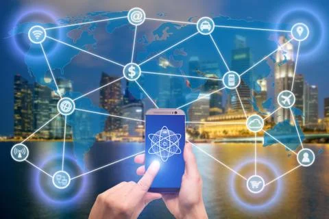 Network of connected mobile devices such as smart phone, tablet, thermostat o Stock Photos