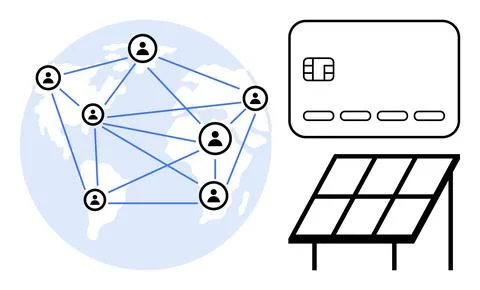 Network of connected people over a world map, solar panel, and credit card. I Stock Illustration