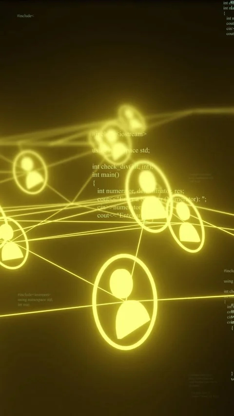 Network of connected user icons and code animation over dark background Video stock 342997252