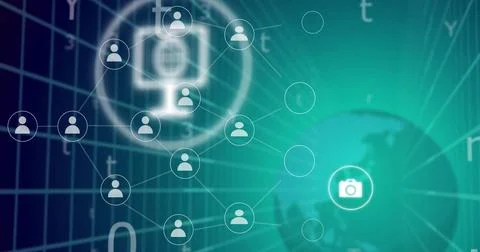 Network of connected user icons and camera symbol image over digital background Stock Illustration