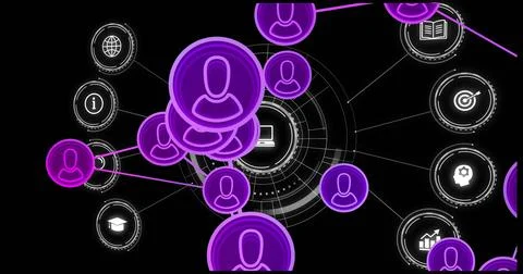 Network of connected user icons and data processing image over dark background Foto stock