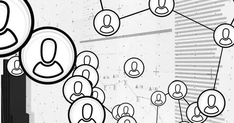 Network of connected user icons and data processing image over graphs and charts Foto stock