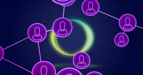 Network of connected user icons image over dark background with glowing circle Stock Illustration
