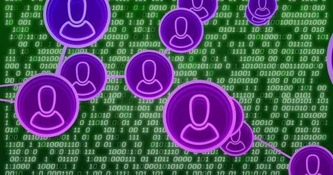 Network of connected user icons image over binary code background Stock Photos